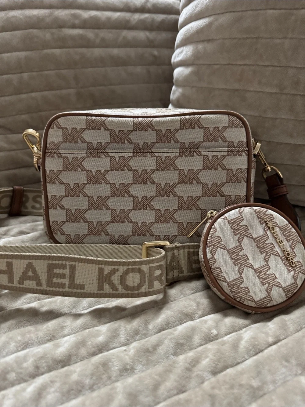 Michael Kors Beige & Brown Monogram Triple-Pocket Crossbody with Coin Pouch.